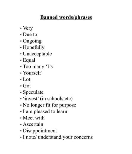 A document including a list of banned words that leader of the House of Commons, Jacob Rees-Mogg, has issued for staff in his office to follow