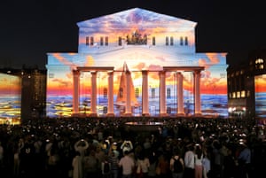 The Bolshoi Theatre facade in Moscow is illuminated as part of the 2018 Circle of Light Festival