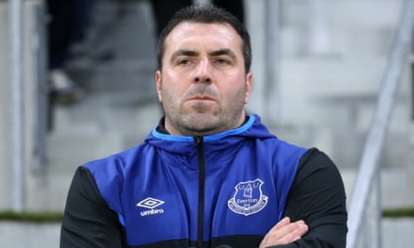 David Unsworth watches Everton’s 3-0 defeat against Lyon in the Europa League