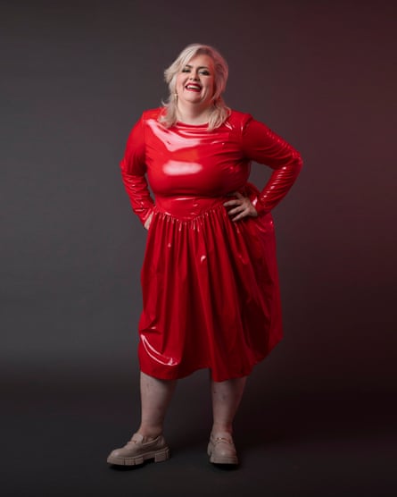 Jayde Adams in red PVC dress.