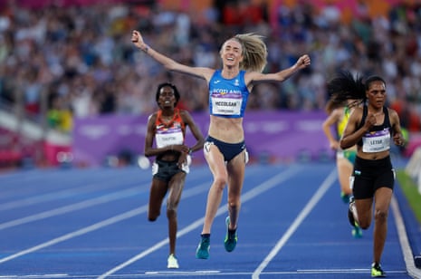 Eilish McColgan celebrates winning gold for Scotland, ahead of Kenya’s Irene Cheptai (left), in the 10,000m at the Commonwealth Games.