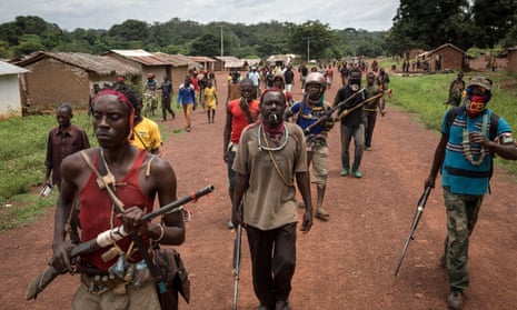 Anti-balaka fighters on the move in the Central African town of Gambo