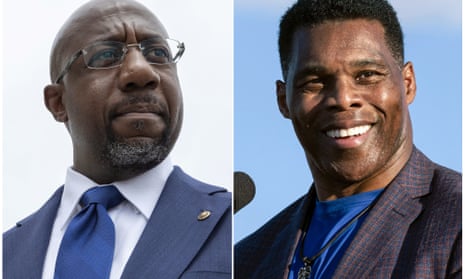 This combination of photos shows, Sen. Raphael Warnock, D-Ga., speaking to reporters on Capitol Hill in Washington, Aug. 3, 2021, left, and Republican Senate candidate Herschel Walker speaking in Perry, Ga., Sept. 25, 2021.