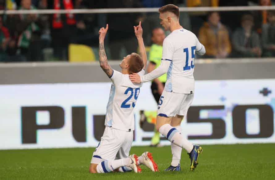 Vitaliy Buyalskiy drops to his knees after opening the scoring for Dynamo Kyiv.
