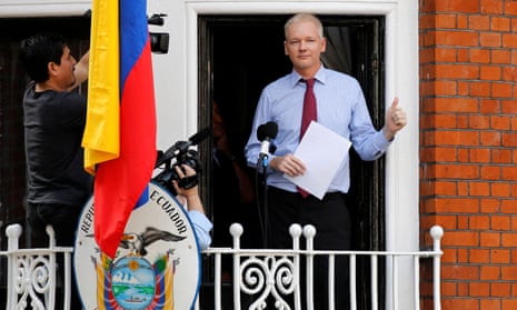 WikiLeaks co-founder Julian Assange on the balcony of Ecuador's embassy in London, August 2012