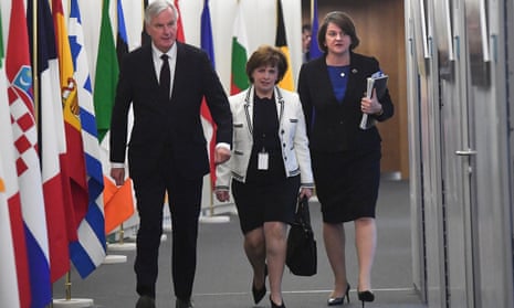 EU’s chief Brexit negotiator Barnier with the’s DUP Diane Dodds and Arlene Foster in Brussels.