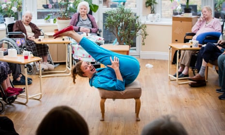 ‘You’ve lost it!’ … Helen Duff pretends to be a prawn tempura roll in a show for Madelayne Court care home in Essex.
