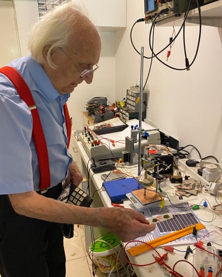 Cyril Hilsum in the laboratory in the scullery of his home in Pinner, Middlesex, in 2020