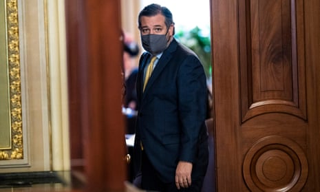 Ted Cruz walks out of a meeting room for Donald Trump’s defense lawyers, on the fourth day of the Senate impeachment trial.