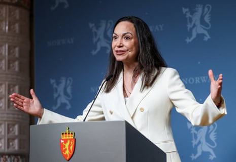 Nobel Peace Prize laureate and Venezuelan opposition leader Maria Corina Machado speaks during a press conference with Norwegian prime minister Jonas Gahr Stoere (not pictured), a day after the award ceremony, in Oslo, Norway.