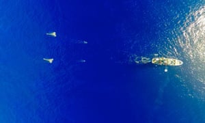 The Mega Expedition mothership deployed above the Great Pacific Garbage Patch.