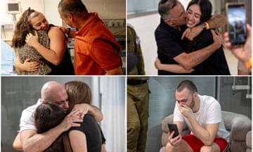 Composite image showing Almog Meir Jan, Noa Argamani and Shlomi Ziv embraced by family members, while Andrey Kozlov sits reading a phone with red eyes and his hand to his mouth