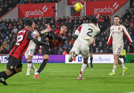James Hill of Bournemouth hooks a shot goalwards but it goes over the bar.