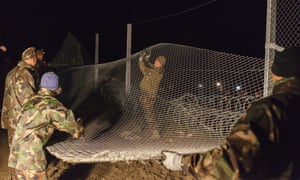 Hungarian soldiers erect a border fence