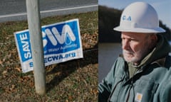 A CWA lawn sign, a man in a white safety hat by a dam