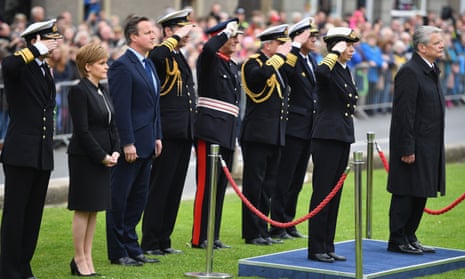 Nicola Sturgeon, David Cameron, Princess Anne, and German President Joachim Gauck, among others, attend commemorations of the 100th anniversary of the battle of Jutland at St Magnus Cathedral in Kirkwall, Scotland. 