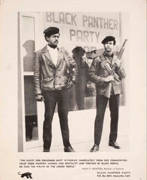 Bobby Seale and Huey Newton in Front of Black Panther Headquarters, c.1968 Designer UnknownThis poster features the iconic photo of Bobby Seale and Huey Newton at the storefront of the BPP headquarters in Oakland, California. Newton appears on the right with a rifle and ammunition while Seale is on the left. The text suggests that police violence will be met with violent defensive action from Panthers. The same phrase would appear on posters throughout Black neighborhoods both as a warning to officers who patrolled the area and as encouragement to residents who wanted to protect communities.