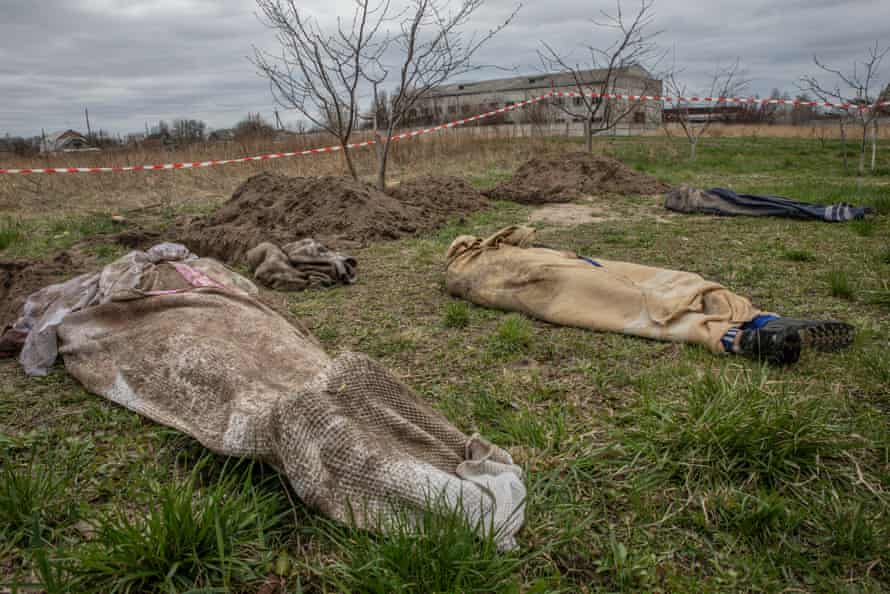 The bodies of civilians allegedly killed by the Russians at Borodyanka. Fragments of cluster munitions are found in bodies dug up in the region and classified by medical examiners.