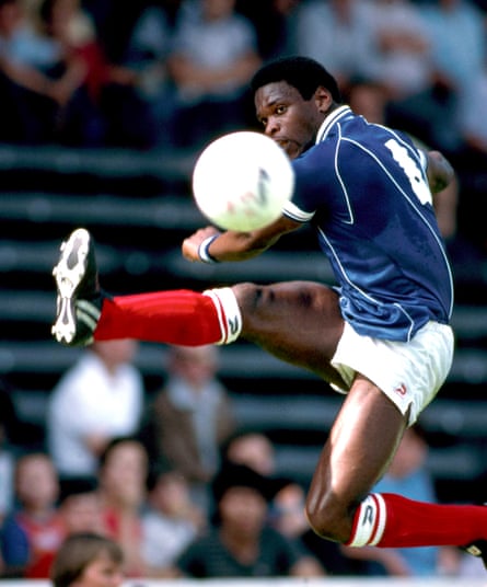 Birmingham City defender Noel Blake leaps in the air to keep the ball in play during the August 1983 Division One game at Aston Villa