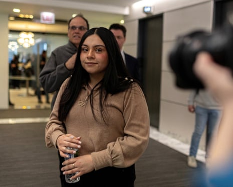 Marimar Martinez leaves a press conference with her legal counsel on 11 February, where they released evidence photos and body camera footage from the day she was shot by federal agents, in Chicago.