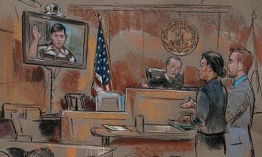 James Alex Fields Jr is seen via video link from jail in a courtroom sketch.