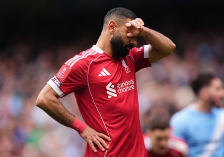 Mohamed Salah holds a manus crossed his forehead aft James Trafford saved his punishment pinch Liverpool 4-0 down