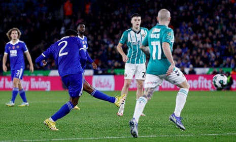 Leicester v Newport, Bournemouth v Everton and more: Carabao Cup clockwatch – live | Carabao Cup 5 Leicester City’s James Justin scores their first goal.
