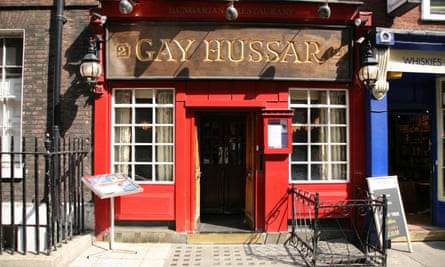 Exterior of the Gay Hussar restaurant in Soho, London.