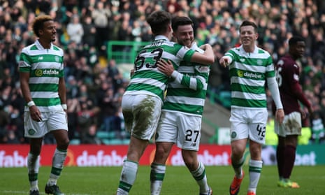 Patrick Roberts, second right, celebrates scoring Celtic’s third goal in the 4-0 defeat of Hearts.