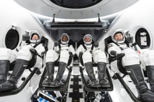 NASA astronauts Shannon Walker, Victor Glover, Mike Hopkins and JAXA (Japan Aerospace Exploration Agency) astronaut Soichi Noguchi at NASA's Kennedy Space Center in Florida.