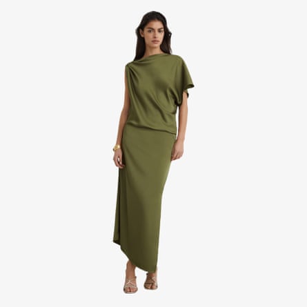 Reiss Kenzie Satin Asymmetric Draped Midi Dress in Olive Green