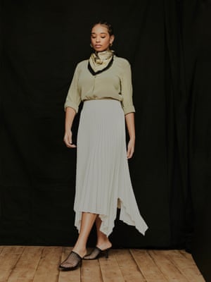 Blouse, £295, and skirt, £295, by Joseph. Scarf, £170, by Acne. Heels, £445, by Neous. Hoops, £35, by Luv Aj