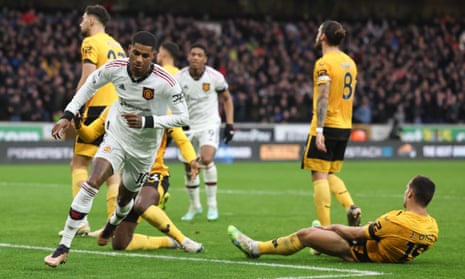 Marcus Rashford celebrates after scoring for Manchester United at Wolves