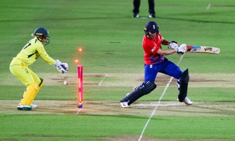 Nat Sciver-Brunt of England is bowled out.
