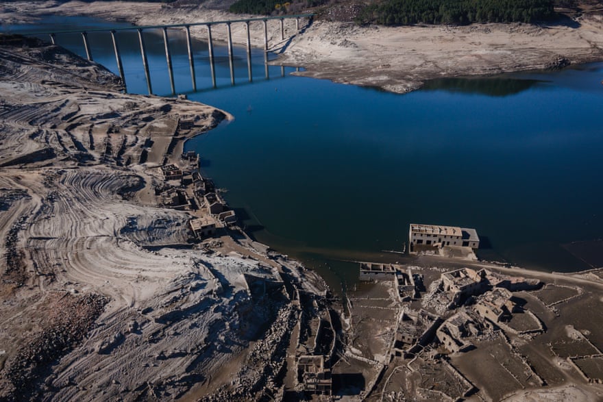 An aerial view of the ghost village reappeared from under the Lima River in Spain