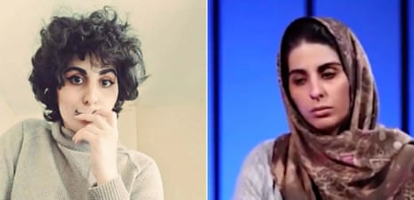 Writer and artist Sepideh Rashno seen before her arrest on the left and, right, on state TV, where she made a ‘confession’ after she was arrested for defying a hijab order.