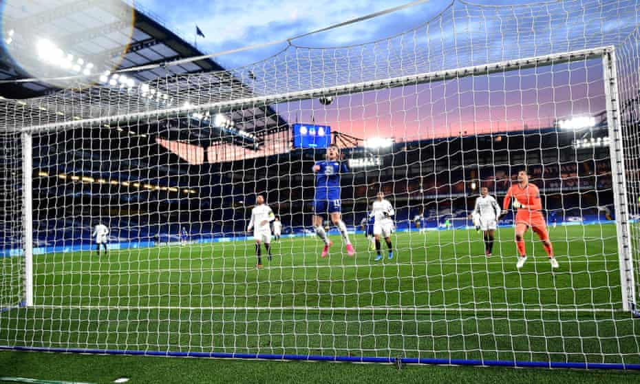 Timo Werner climbs to head home the rebound after Kai Havertz had hit the bar in the first half.