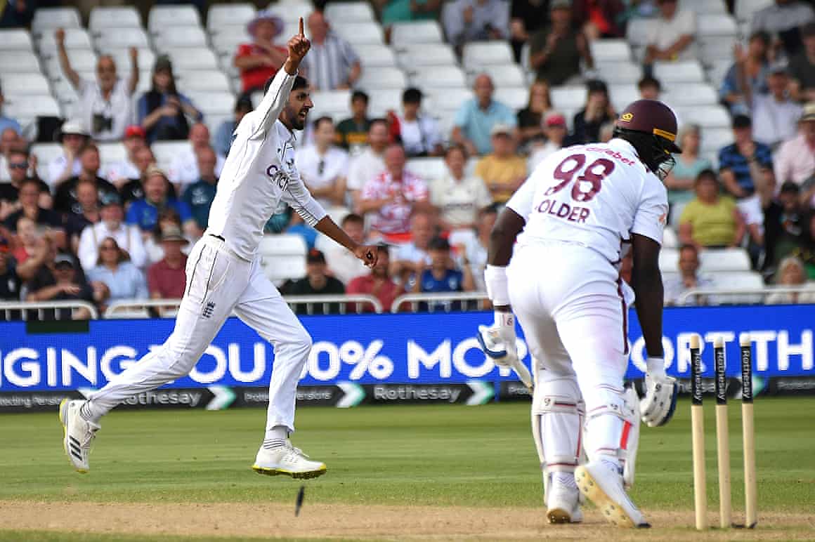 Shoaib Bashir gets Jason Holder during day four of the second Test.
