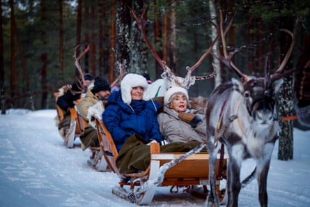 Morgana Robinson (Hannah, left), and Sue Johnston (Lily) on a sleigh in Stuffed.