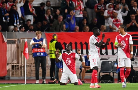 AS Monaco's Jordan Teze celebrates scoring after getting the home side back on level terms in style against Manchester City.