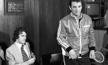 Trevor Francis, left, and Brian Clough on the day Francis signed for Nottingham Forest. Clough, the manager, arrived wearing a tracksuit and carrying a squash racket in order to appear nonchalant about the £1m price tag.