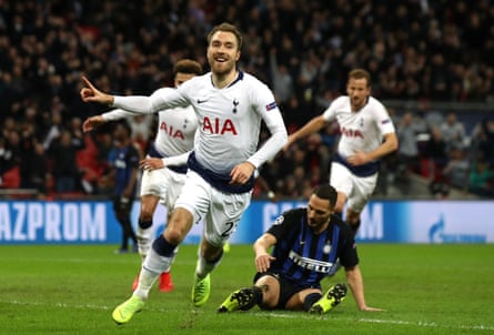 Christian Eriksen scores for Tottenham against Inter at Wembley.