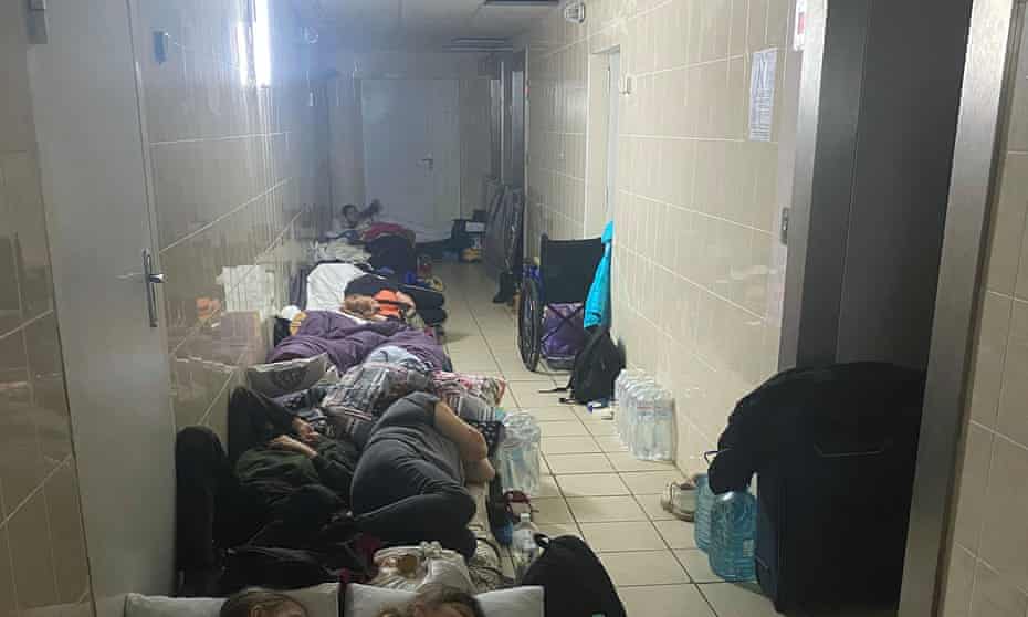 Patients and their families sleeping in the corridors of the National Cancer Institute in Kyiv during the first month of the war.