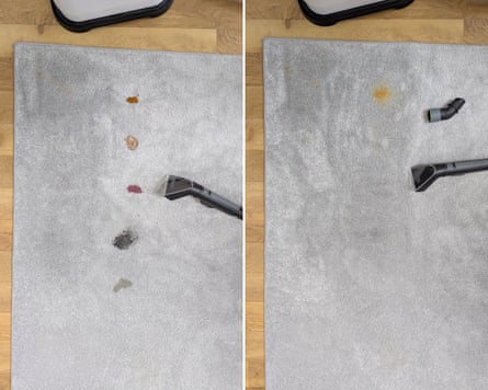 Before and after cleaning stains on a short pile rug with the Kärcher Spray Extraction Cleaner.