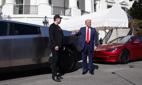 Elon Musk and Donald Trump with Tesla vehicles on the South Lawn driveway of the White House, 11 March 2025
