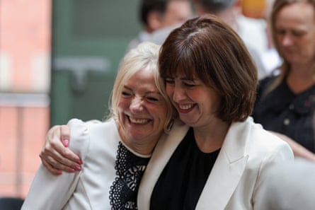 Lucy Powell hugs Tracy Brabin, the mayor of West Yorkshire