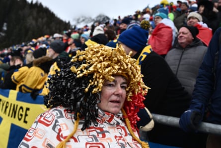 A German fan in a wig at the biathlon.