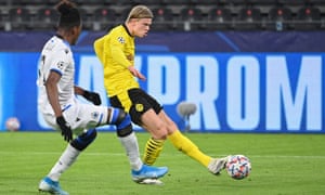 Haaland scores for Dortmund against Brugge last month.