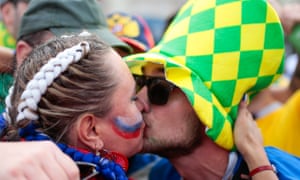 Fans kissing outside Luzhniki Stadium ahead of the first match of the World Cup.
