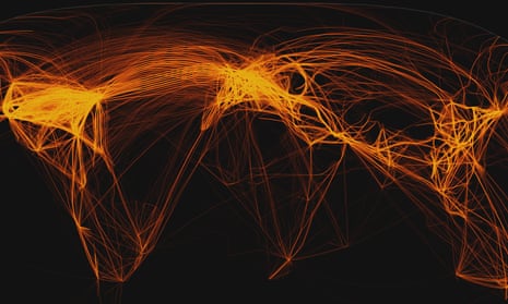 global air travel emissions Map showing a busy flight day in May 2019 when 162,637 takeoffs were recorded at the world's airports.